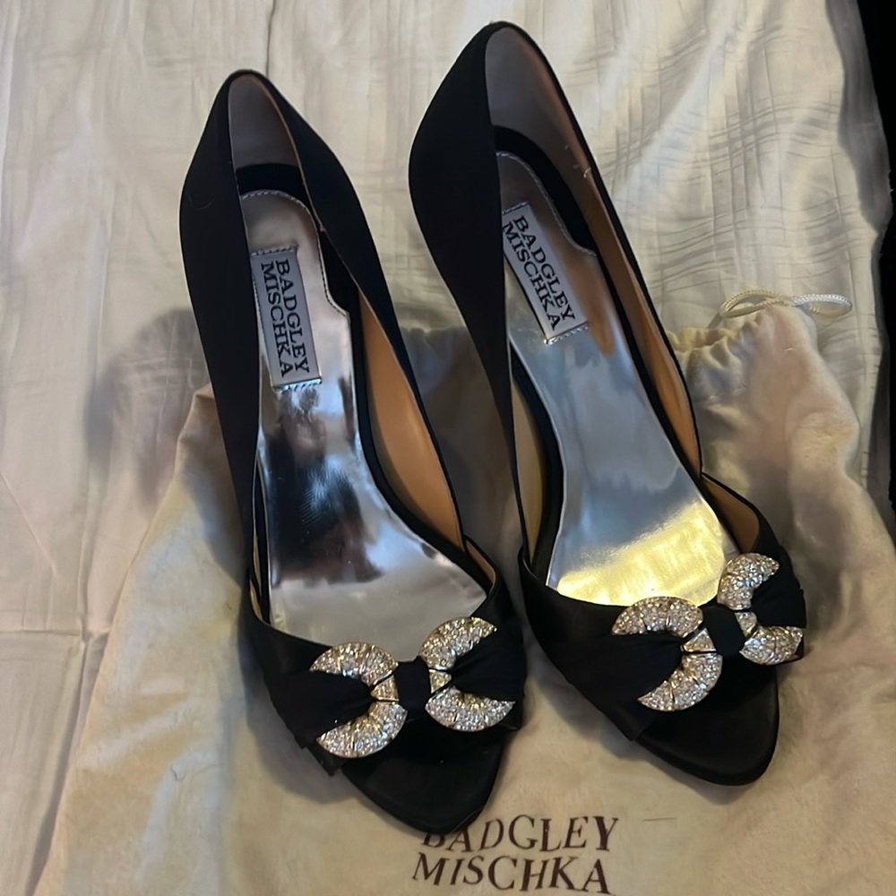 Badgley Mischka open toe satin heels rhinestone trim